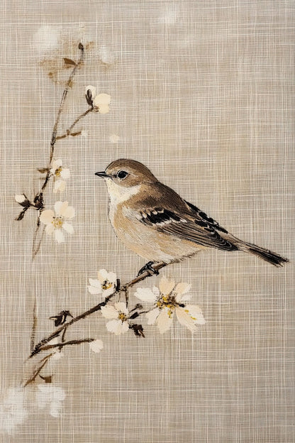 Illustratie van een zangvogel op bloeiende tak met beige textuur en subtiele bloemdetails
