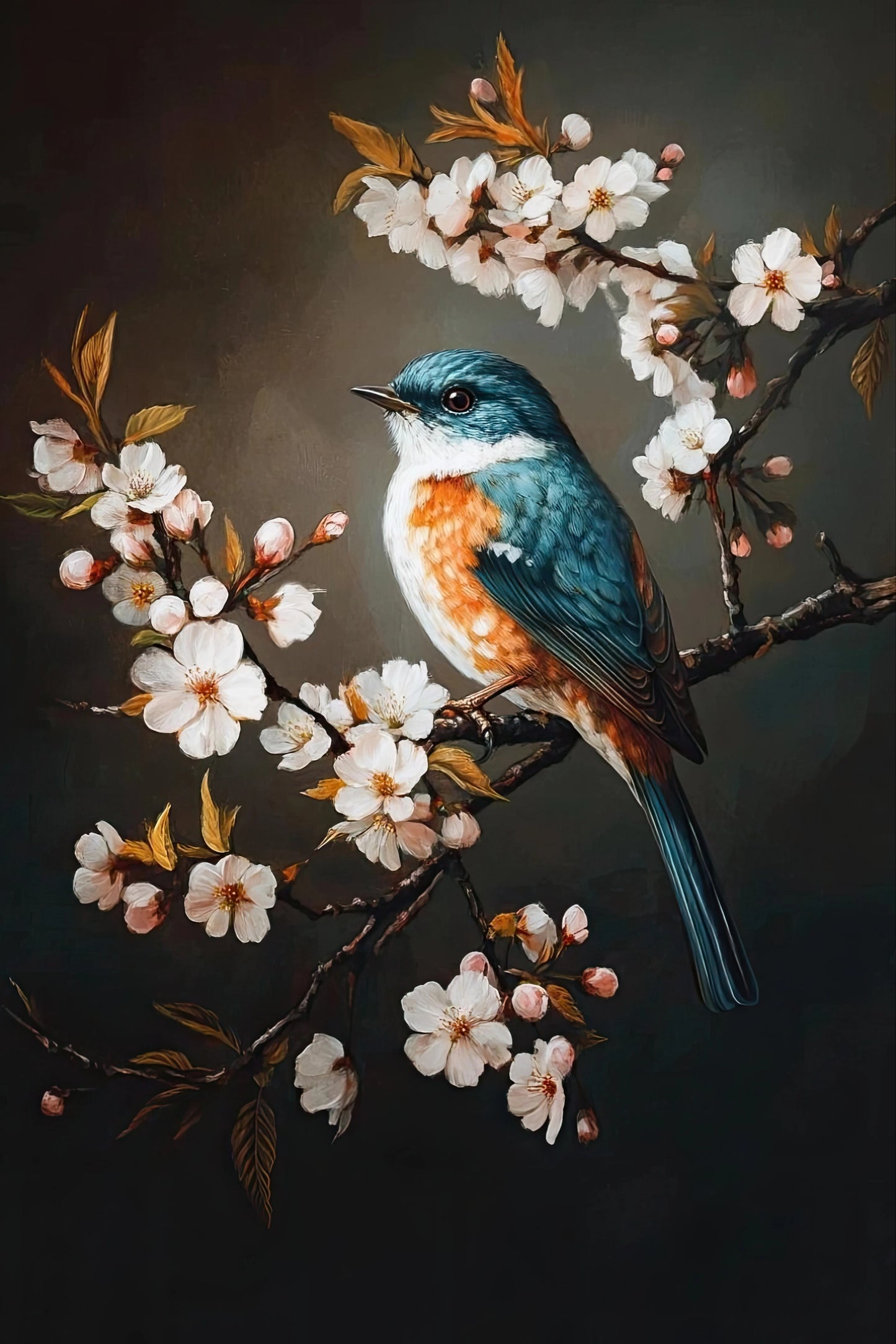 Illustratief kunstwerk van vogel tussen bloeiende takken met donker contrast en warme accenten
