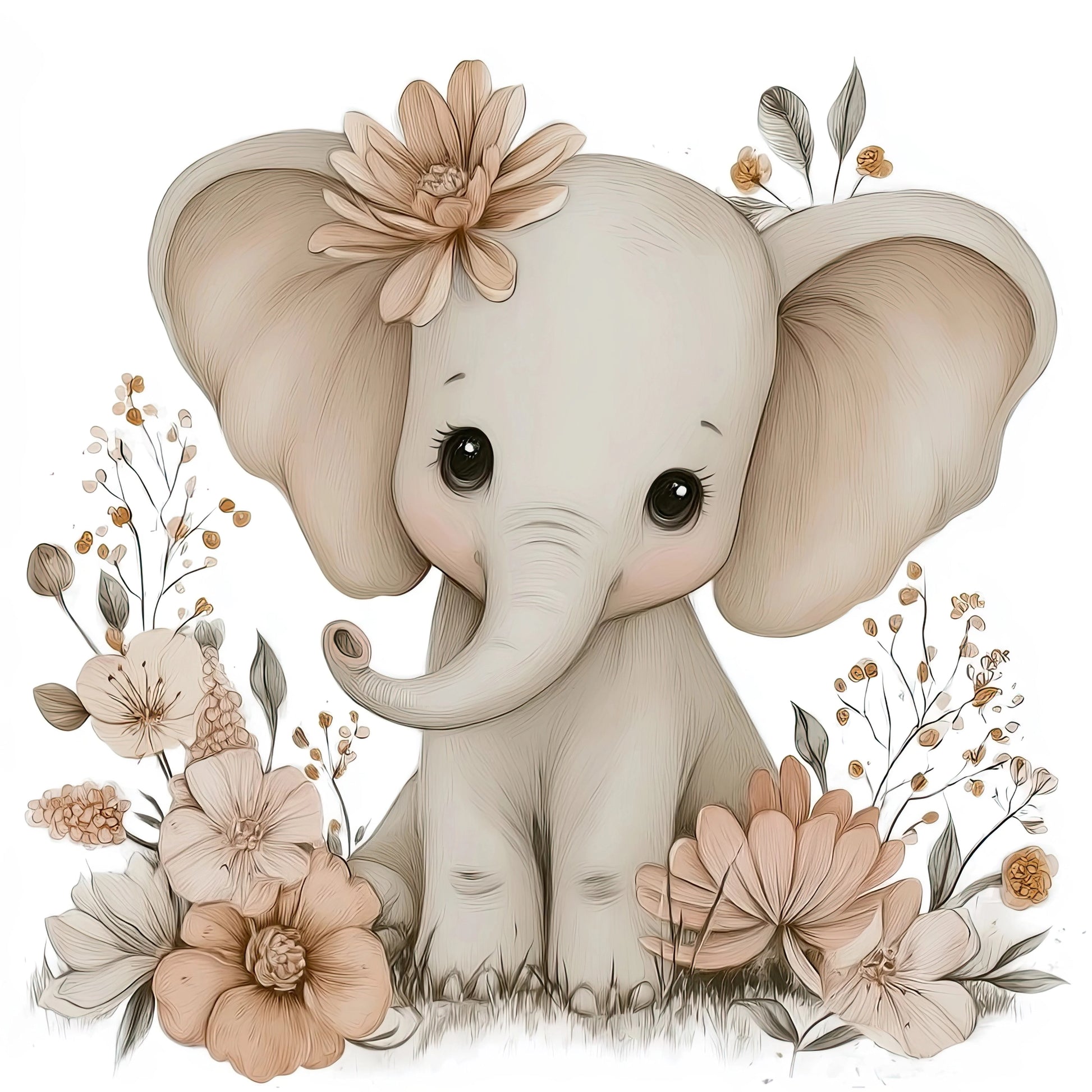 Volledige illustratie van een lief olifantje met grote oren, zittend tussen bloemen in aardetinten tegen een witte achtergrond.
