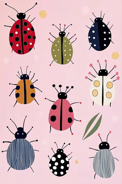 Volledige illustratie van een verzameling lieveheersbeestjes in allerlei stijlen, op een effen roze achtergrond in grafische stijl.
