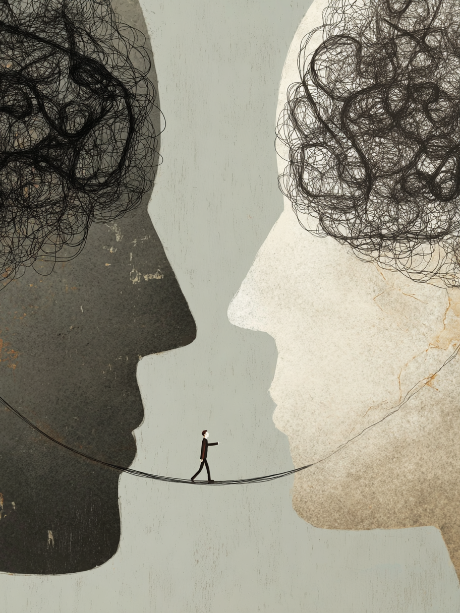 Volledige weergave van abstract kunstwerk Lijn van Begrip met contrasterende gezichten en subtiele balans
