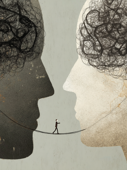 Volledige weergave van abstract kunstwerk Lijn van Begrip met contrasterende gezichten en subtiele balans
