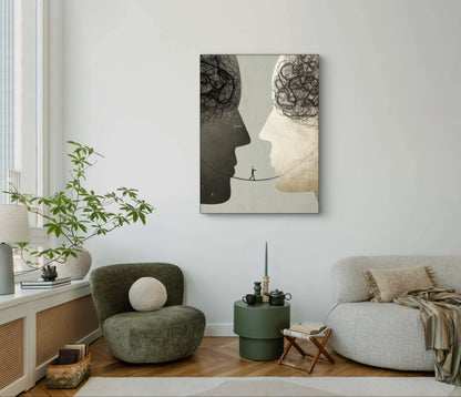 Abstract kunstwerk Lijn van Begrip met twee gezichten in zwart en wit boven een modern interieur met groene stoel
