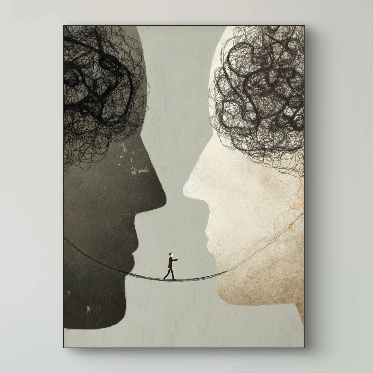 Detail van schilderij Lijn van Begrip met twee silhouetten verbonden door een lijn
