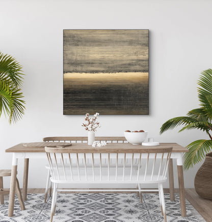 Mock-up van kunstwerk Lijn van Horizon boven een eettafel met natuurlijke accenten en palmen 
