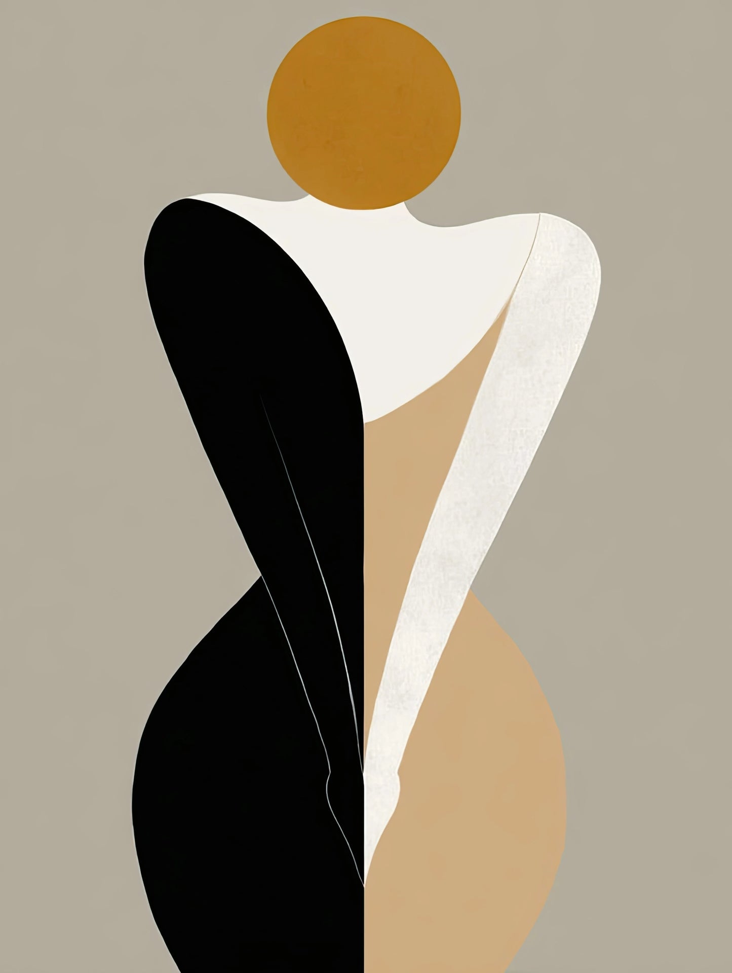 Volledige illustratie van abstracte vrouwfiguur opgebouwd uit geometrische vormen in neutrale en warme tinten op een grijze achtergrond
