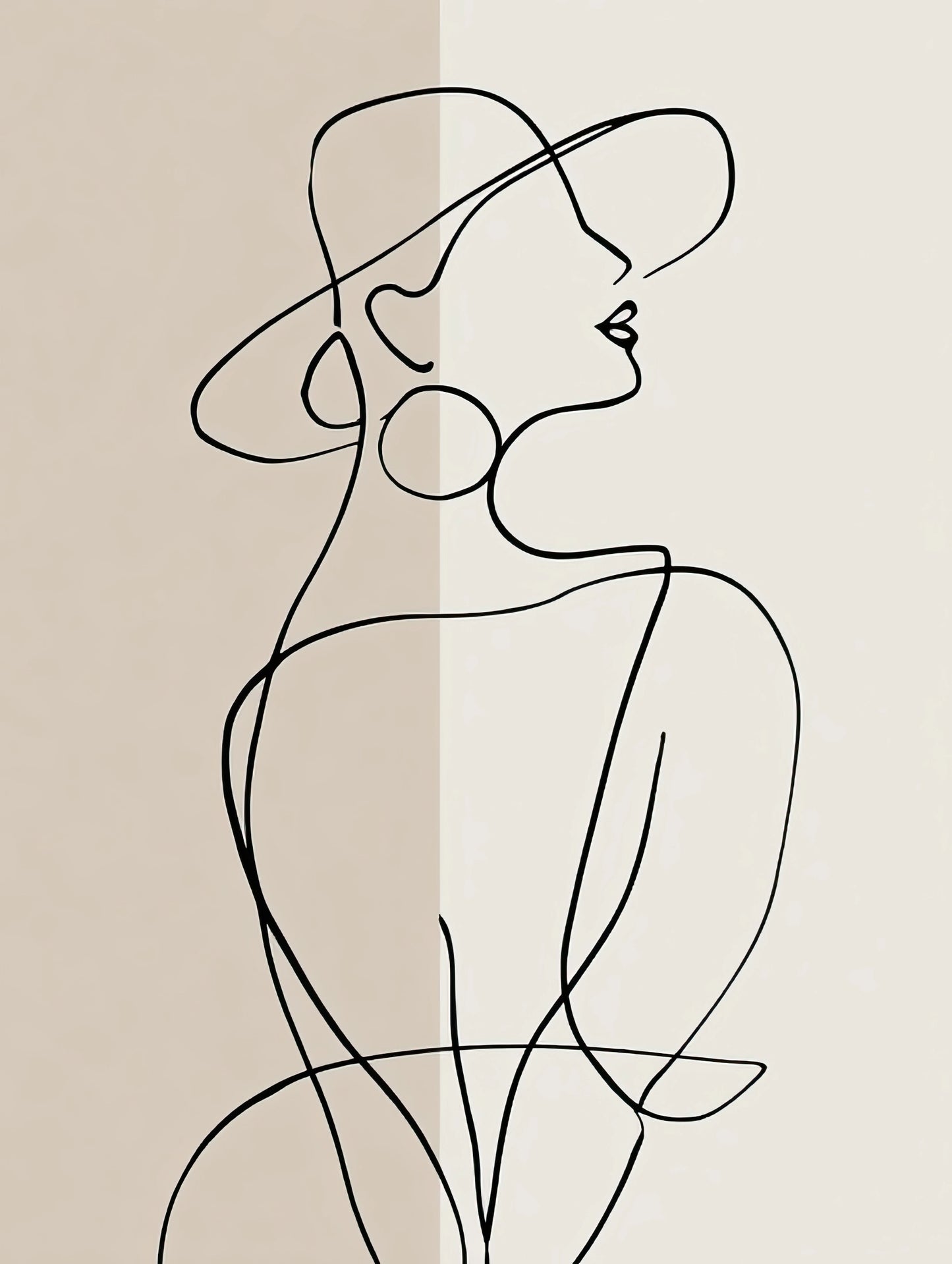 Volledige weergave van abstract kunstwerk “Lijn van Verlangen” met vloeiende zwarte lijntekening op een ton-sur-ton achtergrond
