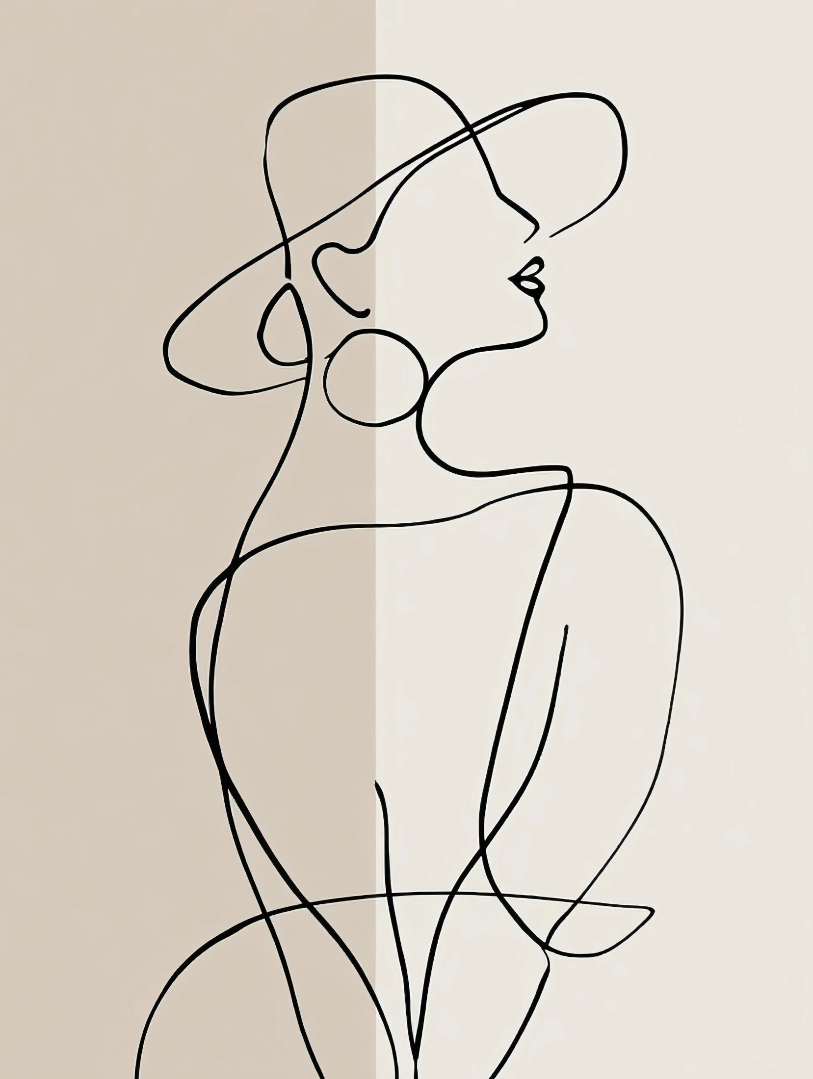 Volledige weergave van abstract kunstwerk “Lijn van Verlangen” met vloeiende zwarte lijntekening op een ton-sur-ton achtergrond
