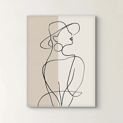 Detail van een lijntekening van een vrouw met hoed in zwart op een beige en crèmekleurige achtergrond

