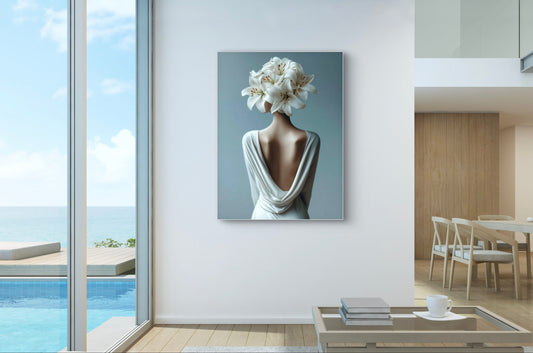 Kunstwerk Lilium aan de muur met uitzicht op zee in licht interieur
