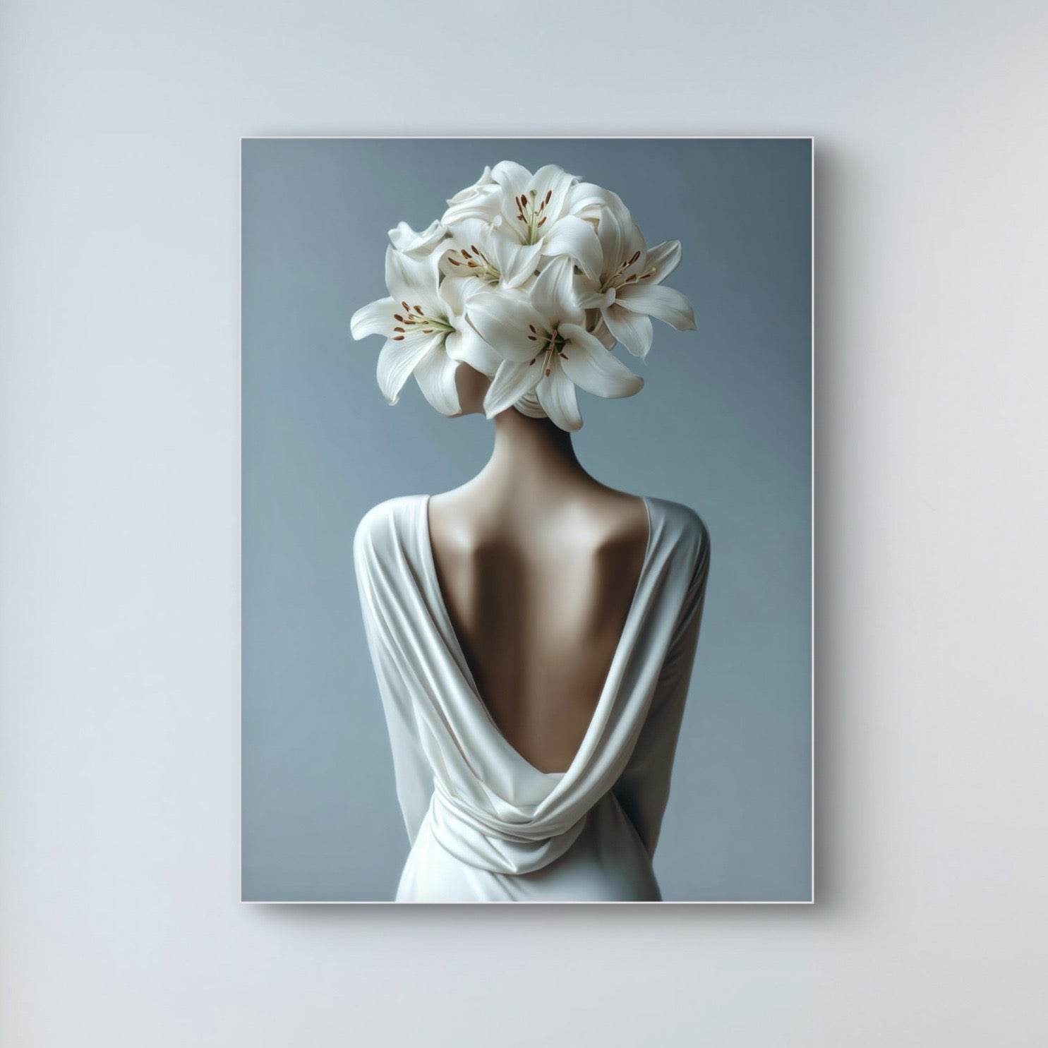 Detail van Lilium met vrouw van achteren en witte lelies als hoofdtooi
