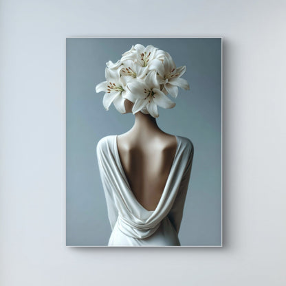 Detail van Lilium met vrouw van achteren en witte lelies als hoofdtooi
