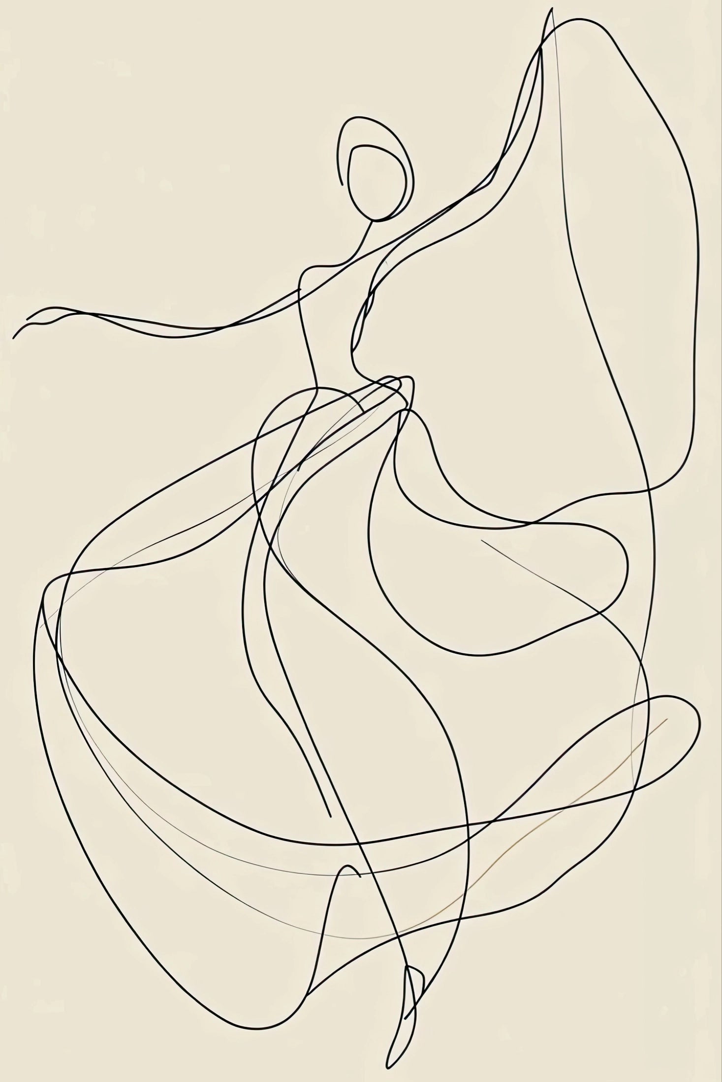 Volledige weergave van abstracte lijntekening “Line of Motion” met sierlijke bewegingen op een effen achtergrond
