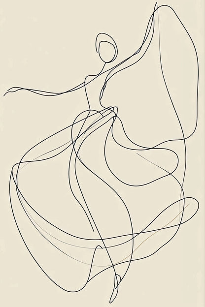 Volledige weergave van abstracte lijntekening “Line of Motion” met sierlijke bewegingen op een effen achtergrond
