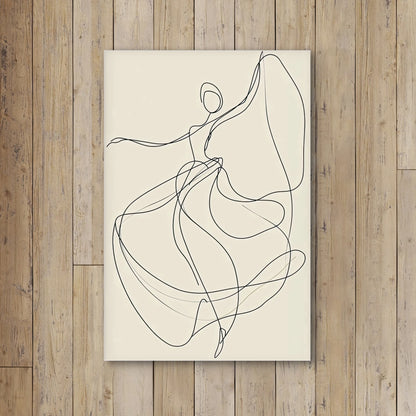 Detail van zwarte lijntekening van een vloeiend dansende figuur op een beige achtergrond in minimalistische stijl
