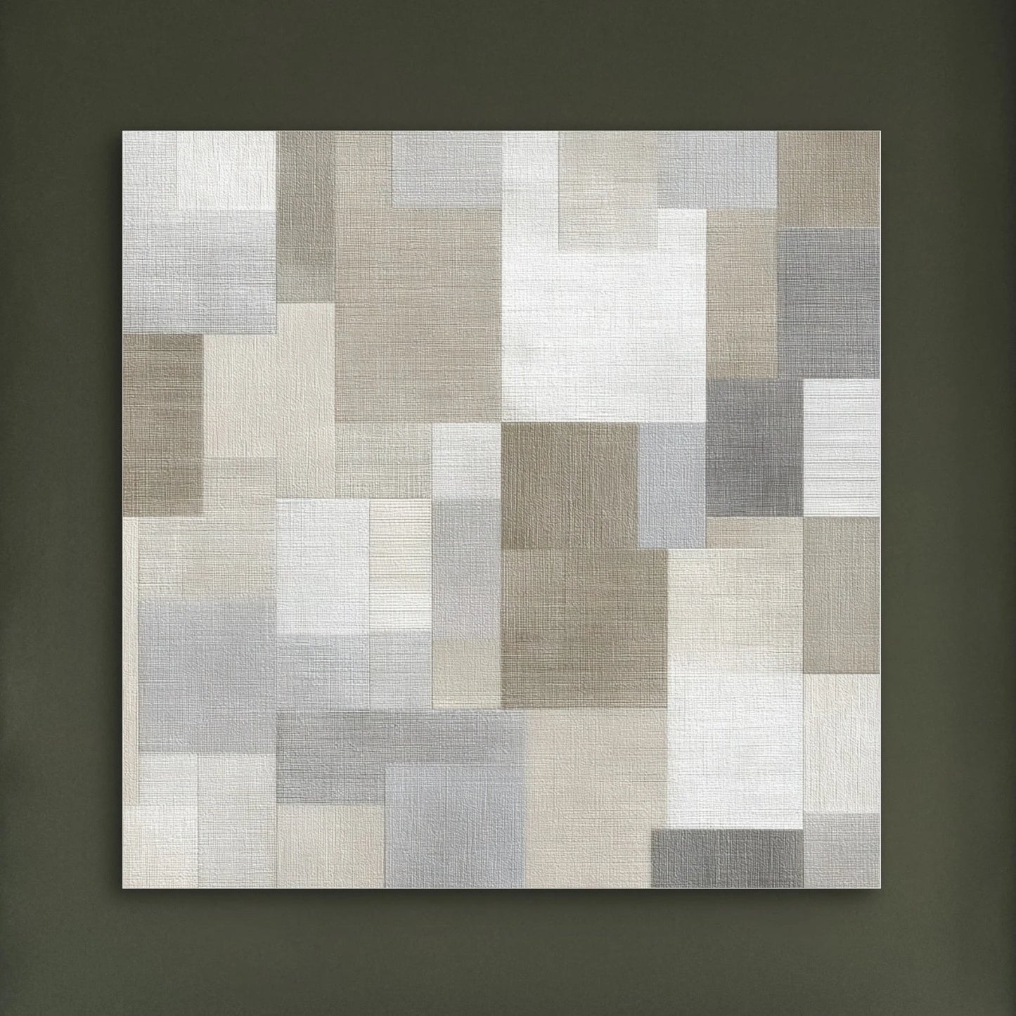 Detail van schilderij Linnenveld met zachte textuur en blokpatroon in neutrale tinten
