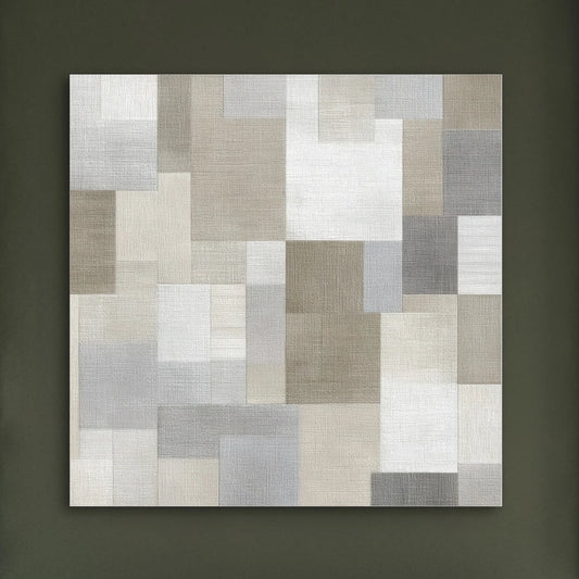 Detail van schilderij Linnenveld met zachte textuur en blokpatroon in neutrale tinten
