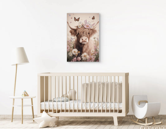 Mock-up van babykamer met kunstwerk van een Schotse hooglander met bloemen en vlinders boven een beige wieg in een serene ruimte.
