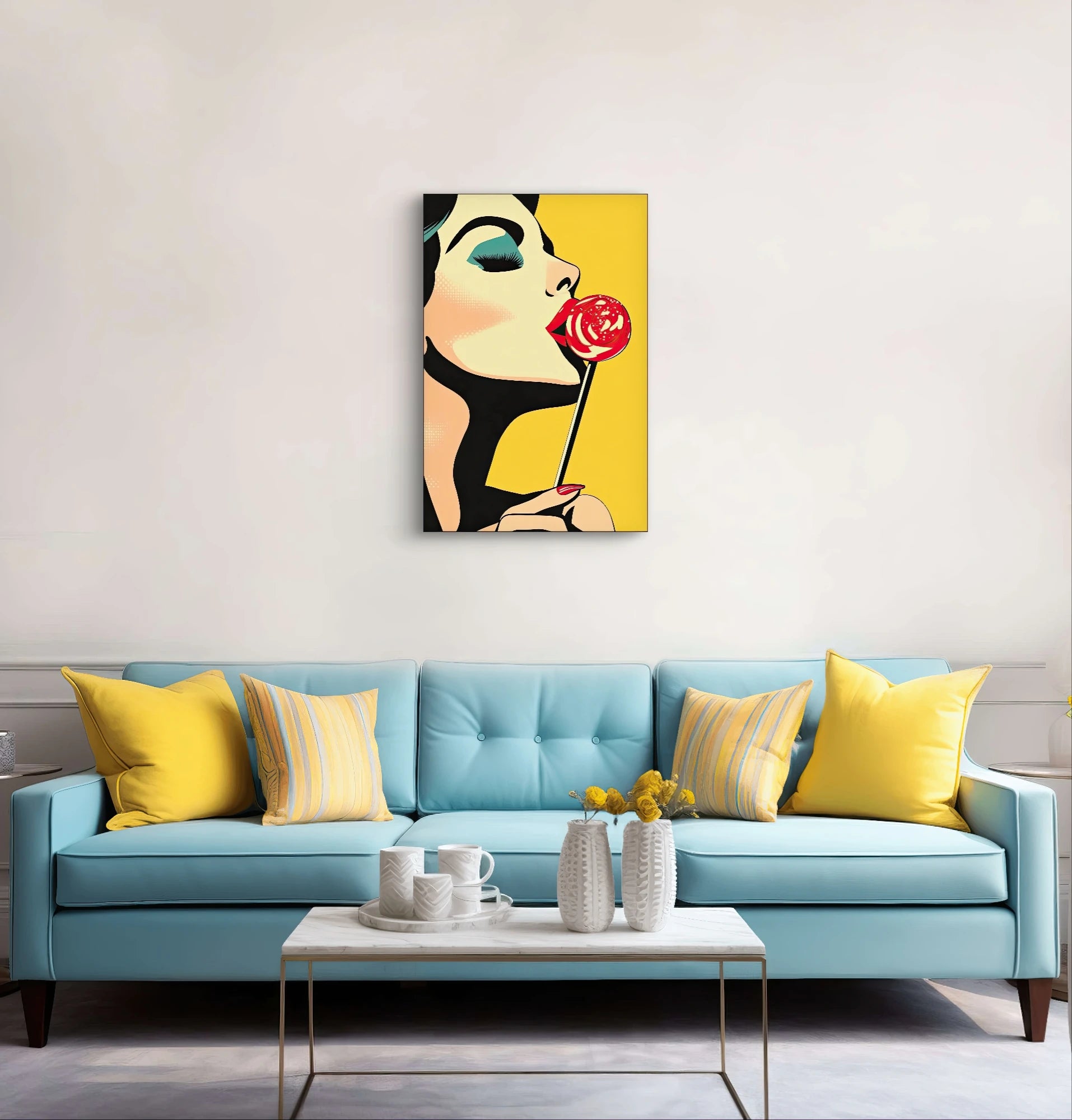 Textielkunstwerk Lollipop Crush aan de muur boven een lichtblauwe bank met gele kussens in een kleurrijk interieur  
