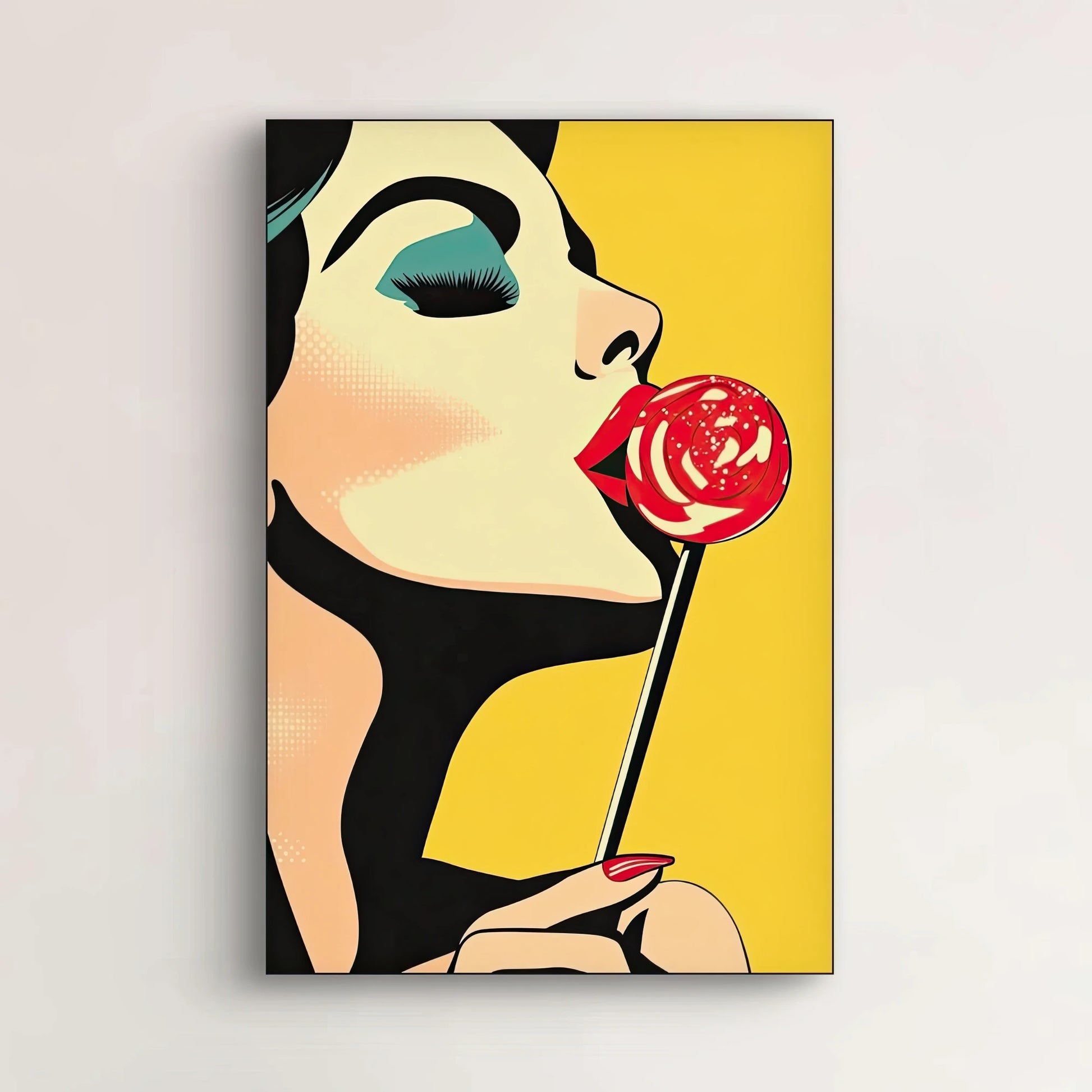 Detail van het gezicht en de rode lolly uit het kunstwerk Lollipop Crush met grafische zwarte lijnen en geel vlak  
