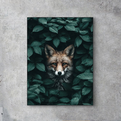 Detailopname van Loofschaduw met vos verscholen tussen donkergroene bladeren  
