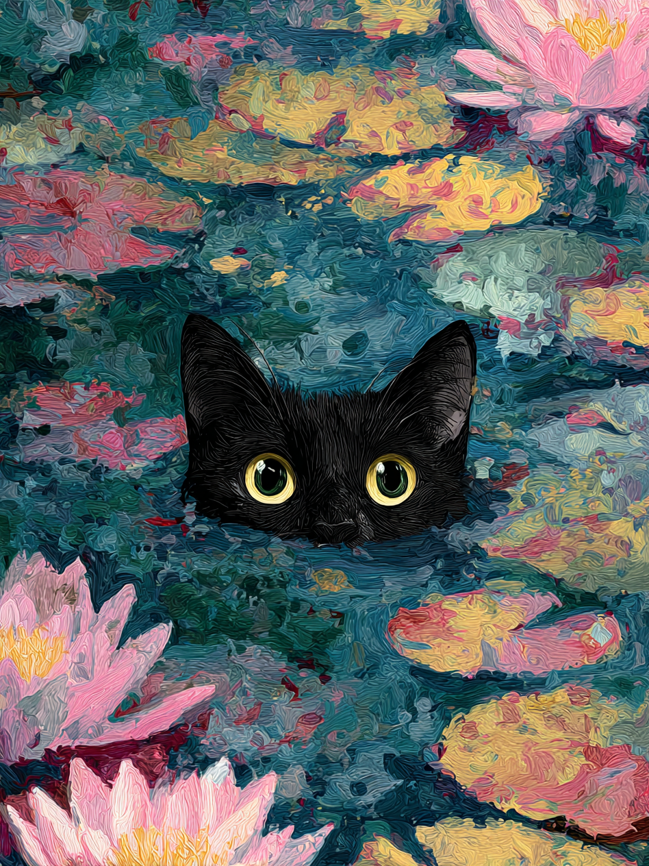 Volledige weergave van Lotusogen met kat tussen lotusbladeren en bloemen  
