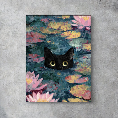 Detailopname van Lotusogen met zwarte kat en waterlelies  
