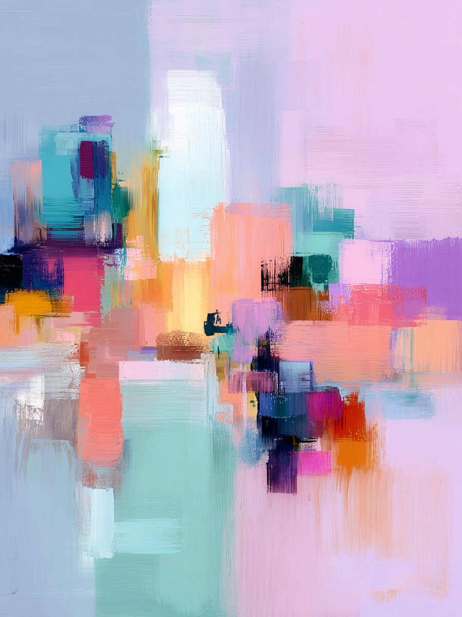 Volledige weergave van abstract schilderij Luchtlijn met zachte overgangen tussen roze, turquoise en oranje
