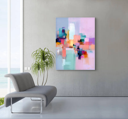 Abstract schilderij Luchtlijn met roze, turquoise en oranje tinten in modern interieur met zeezicht
