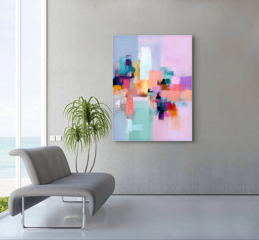 Abstract schilderij Luchtlijn met roze, turquoise en oranje tinten in modern interieur met zeezicht
