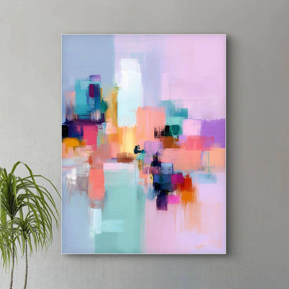 Detail van schilderij Luchtlijn met levendige penseelstreken in roze, paars en blauwgroen
