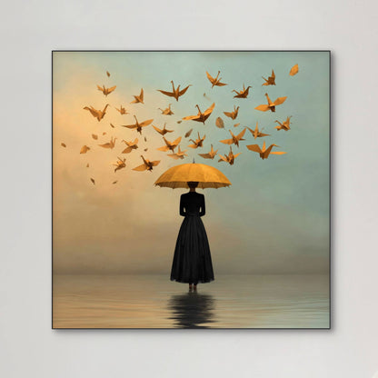 Detail van Luchtvlucht met vrouw, gele paraplu en vliegende origamivogels
