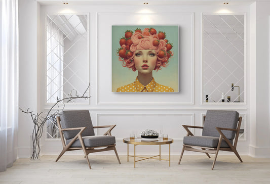 Lunaberry wandkunst in elegant interieur met roze en gele tinten

