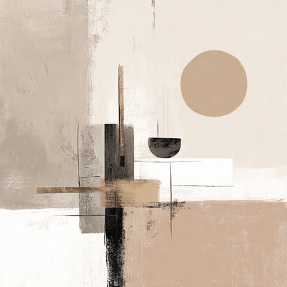 Abstracte compositie in aardse tinten met ronde vorm en zachte lijnen
