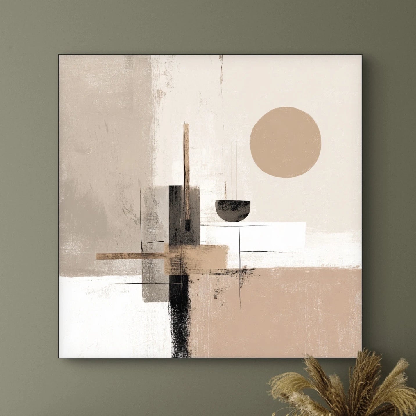 Detail van geometrische vormen in beige en zwart met ronde zonvorm
