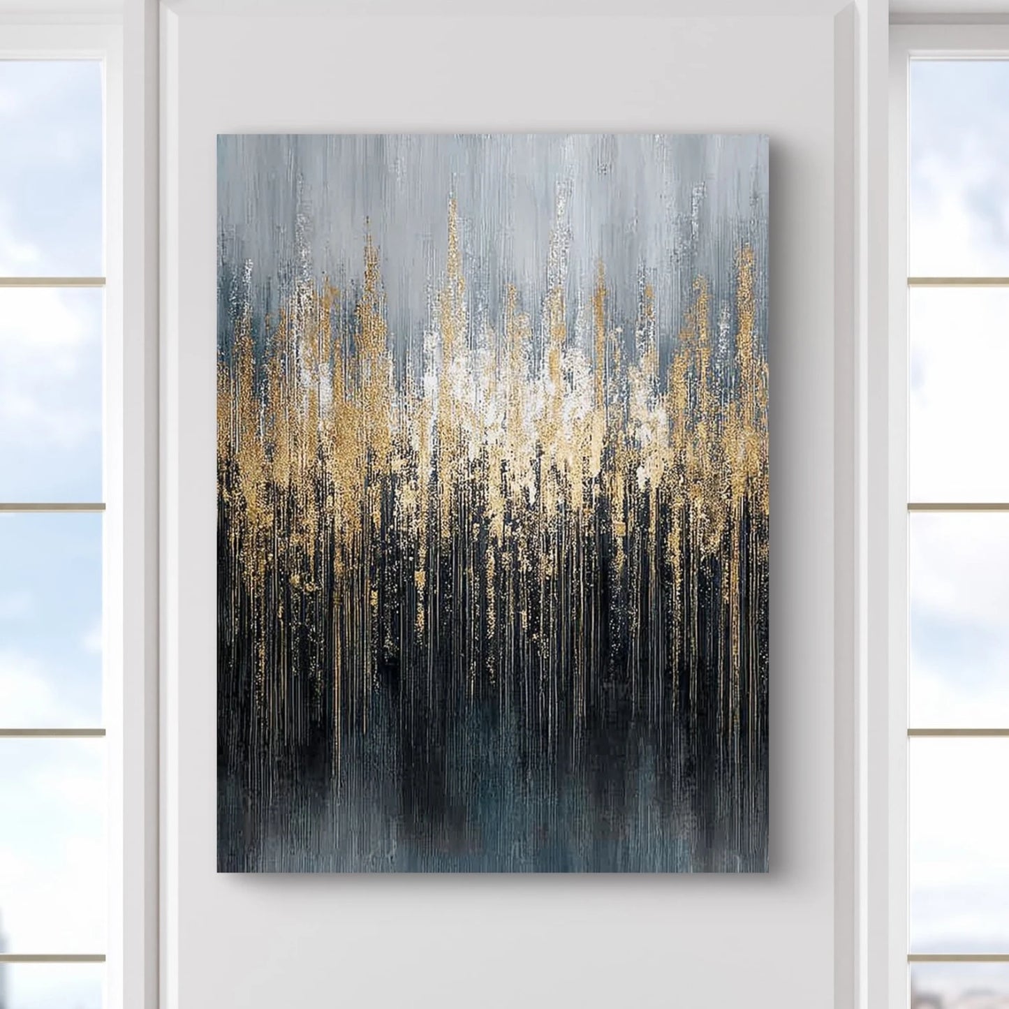 Detail van schilderij Lunareth met verticale lijnen en metallic textuur in blauw en goud
