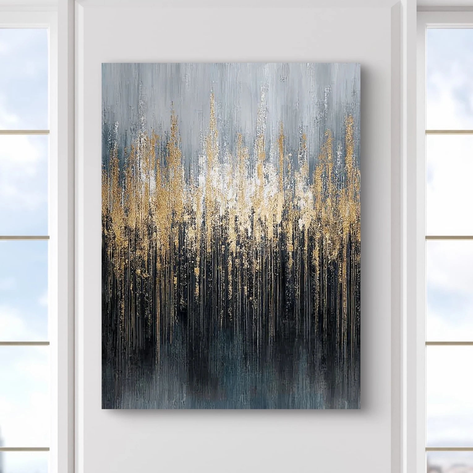 Detail van schilderij Lunareth met verticale lijnen en metallic textuur in blauw en goud
