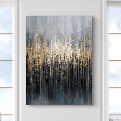 Detail van schilderij Lunareth met verticale lijnen en metallic textuur in blauw en goud
