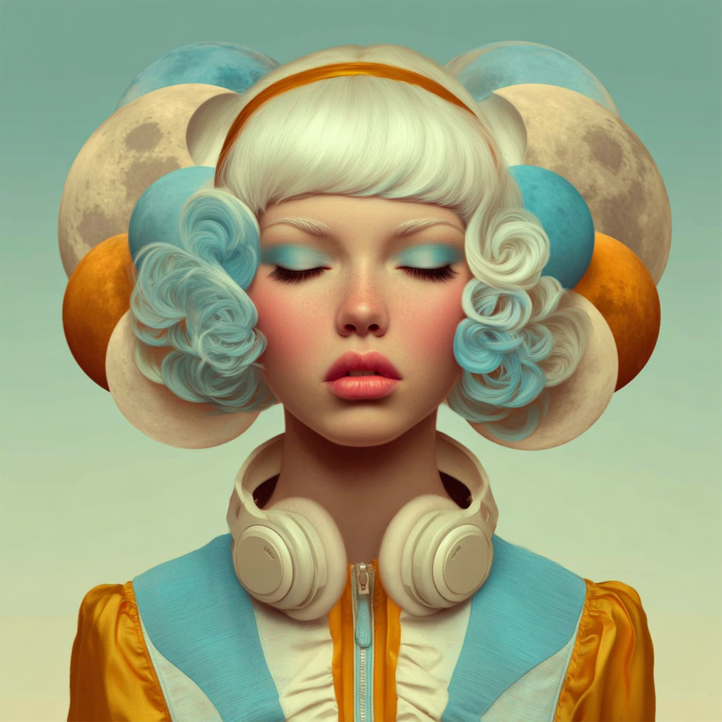 Volledige weergave van Lunaria, portretkunst met maansferen en moderne uitstraling
