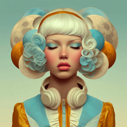 Volledige weergave van Lunaria, portretkunst met maansferen en moderne uitstraling
