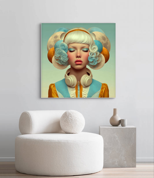 Lunaria wandkunst in modern interieur met turquoise en okergele tinten
