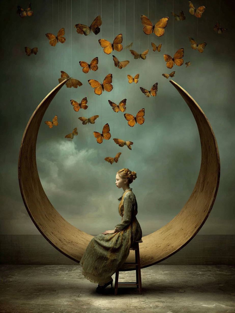 Volledige weergave van Lunavienne met vrouw zittend op halve maan omringd door oranje vlinders
