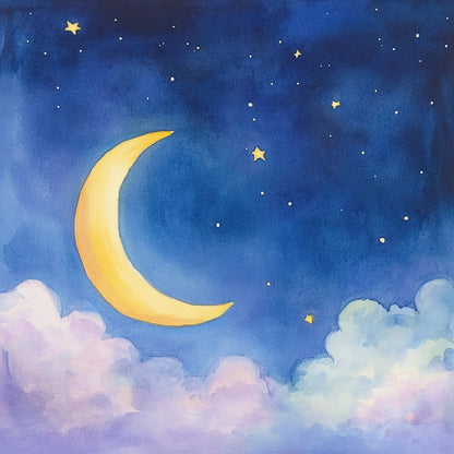 Volledige illustratie van een nachtelijk tafereel met maansikkel, sterren en wolken in aquarelstijl op een diepe blauwe achtergrond.
