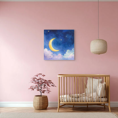 Mock-up van babykamer met kunstwerk van een gele maan boven pastelkleurige wolken en sterren, tegen een roze muur boven een houten wieg.
