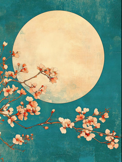 Volledig kunstwerk met oosterse bloesemtak en volle maan op turkooizen achtergrond
