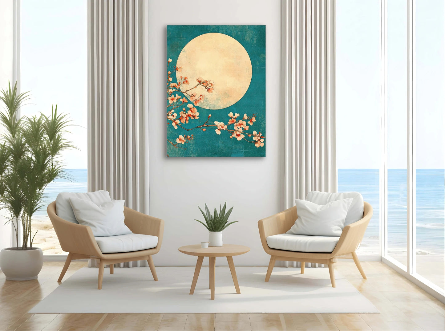 Textielkunstwerk met volle maan en bloesemtakken op turkooizen achtergrond, hangend boven twee lichte stoelen in een interieur met zeezicht
