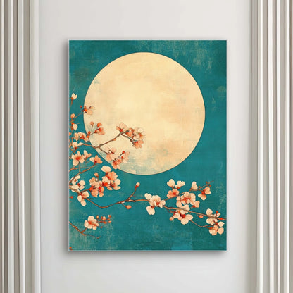 Detail van kunstwerk met perzikkleurige bloesems en grote volle maan tegen een turquoise nachthemel
