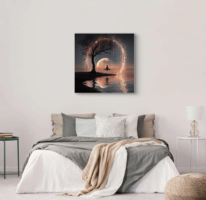 Dromerig kunstwerk met maanlicht en boom boven een bed met grijze en beige tinten
