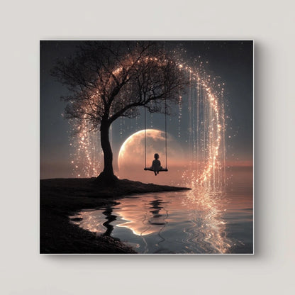 Detail van kunstwerk met meisje op een schommel onder een boom verlicht door de maan

