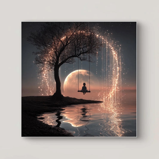 Detail van kunstwerk met meisje op een schommel onder een boom verlicht door de maan

